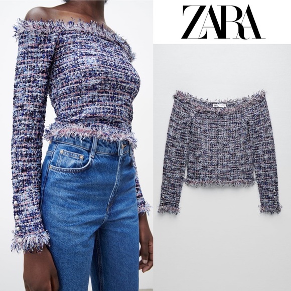 トップス BLUELEA double shoulder strap tweed tops Zara NWT Women's Blue Tweed Textured Off the Shoulder Top
